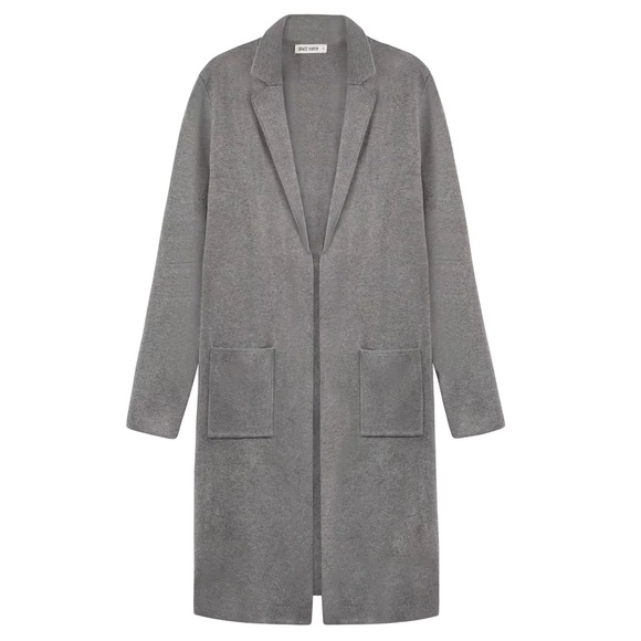 Grey Long Winter Pea Coat Open Front Jacket - Picture 2 of 8